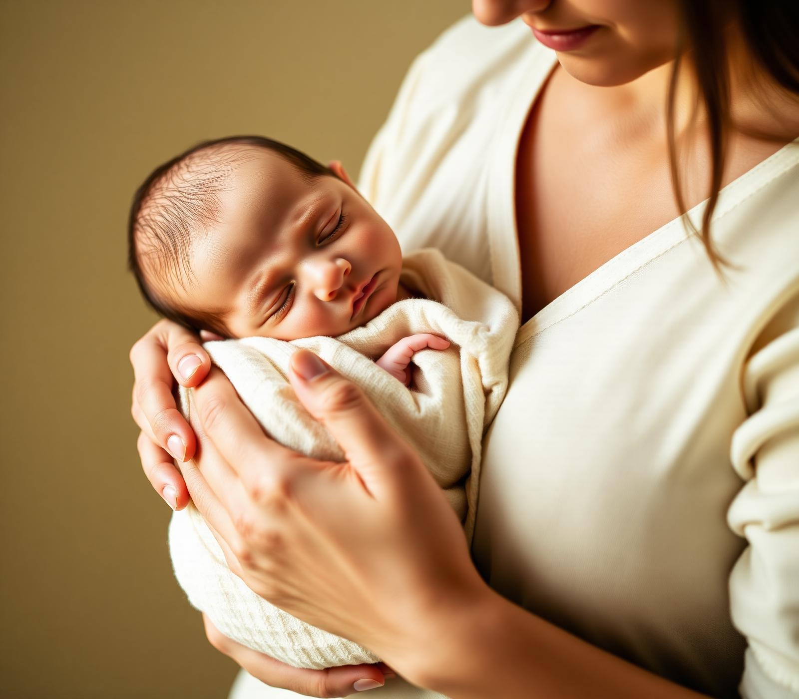 A mother gently holding her newborn baby